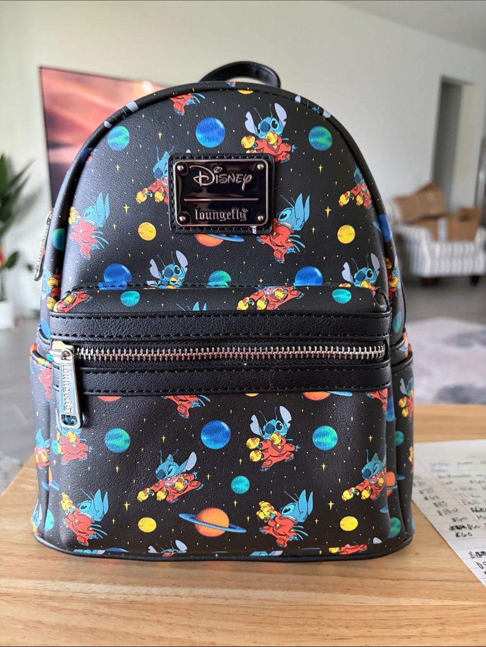 Loungefly Black Stitch Space Mini Backpack with Multicolor Planets
